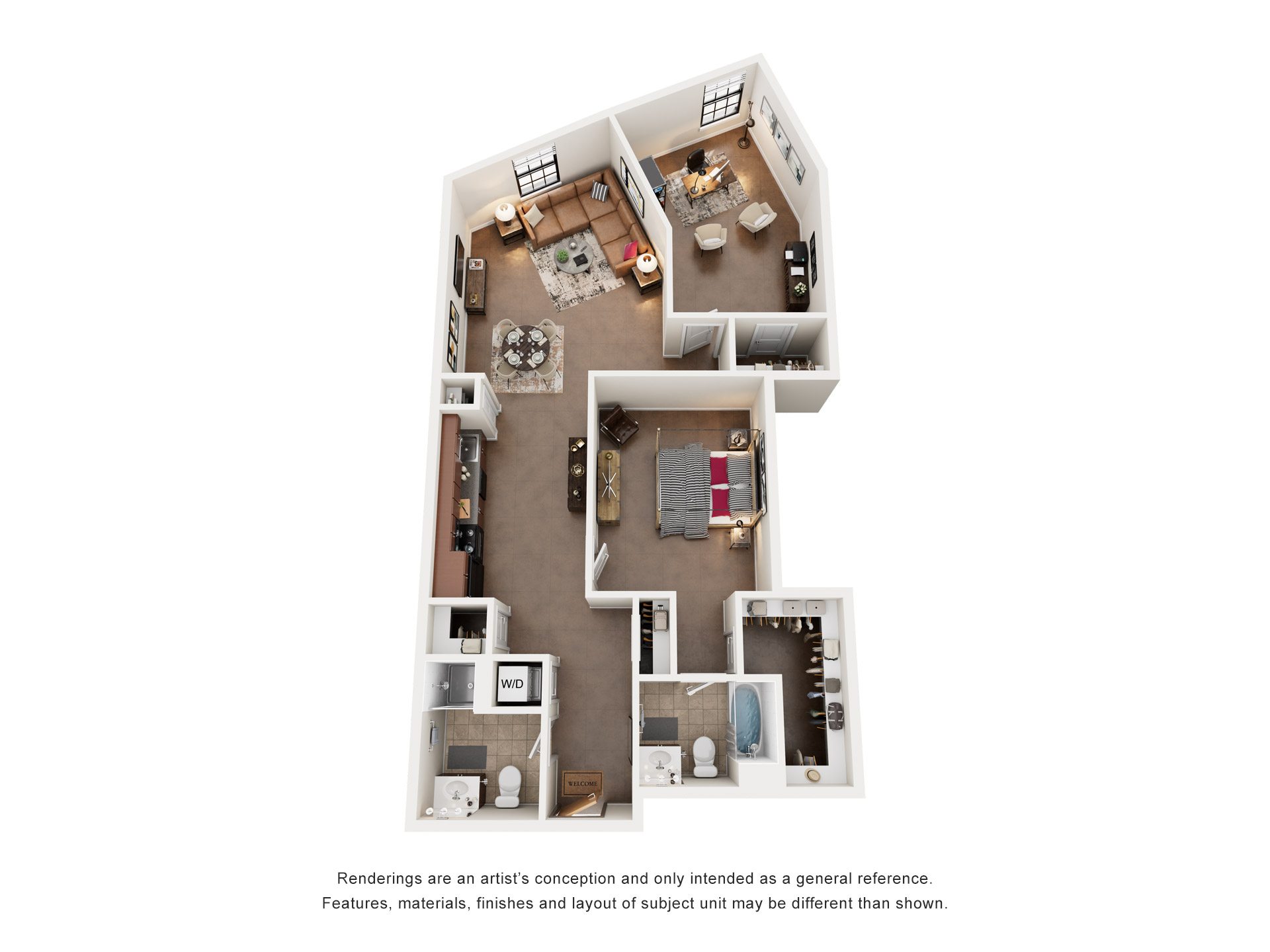 Floor plan for 2 beds, 2 baths, 1101 sqft
